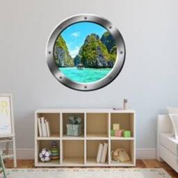 Ocean Mountains 3D Porthole Vinyl Decal Family Wall Art Window Silver Portal Home Decor - Vwaq Sp23 - thumbnail 1