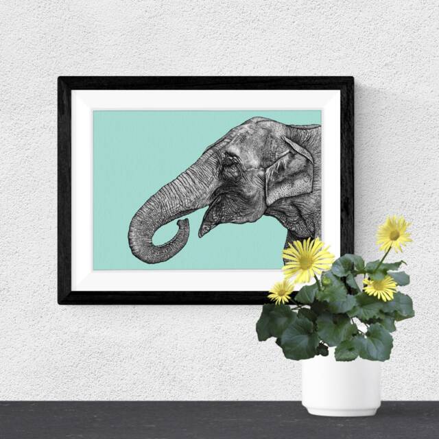 Asian Elephant A4 Art Print With Light Blue Teal Background // Elephant Wall Art, Lover Gift, Animal - image 1