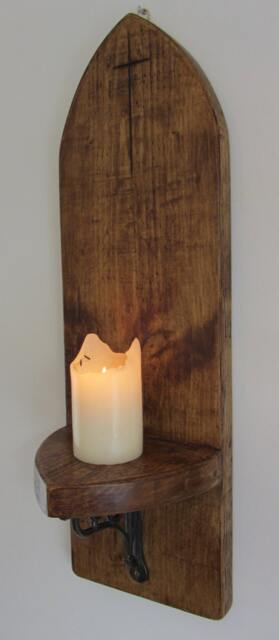 Huge 80 cm Tall Gothic Arch/Church Window Design Rustic Reclaimed Plank Wood Wall Sconce Led Candle Holder With Carved Cross Crucifix - image 1