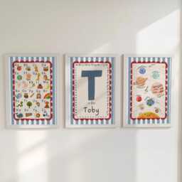 Set Of 3 Personalised Nursery Prints - Alphabet, Name Initial, Solar System Kids Educational Wall Art, Boys Bedroom & Playroom Decor - thumbnail 2