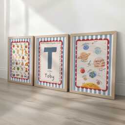 Set Of 3 Personalised Nursery Prints - Alphabet, Name Initial, Solar System Kids Educational Wall Art, Boys Bedroom & Playroom Decor - thumbnail 1