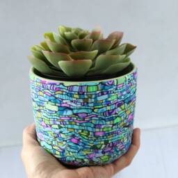 Teal & Green Vivid Medium Size Polymer Clay Indoor Planter Possible With A Drainage Plate - thumbnail 2