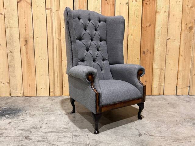 British Handmade Grey Herringbone Wool High Back Wing Chair - image 1