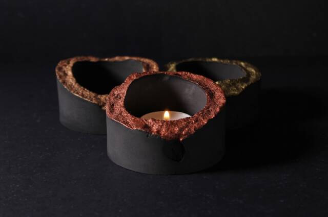 Magma Concrete Candle Vessel, Mantle Copper Low Tealight Holder, Modern Decor - Volcano Collection - image 1