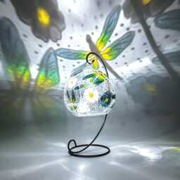 Colourful Dragonfly Glass Candle Holder, Hand Painted, With Metal Stand