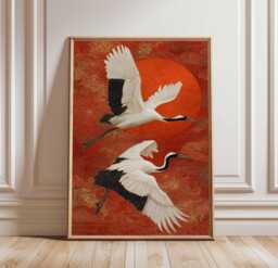 Japanese Crane Poster Red Sun Wall Art - Elegant Oriental Bird Print With Flying Cranes & Gold Pattern Unframed Decor - thumbnail 1