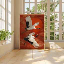 Japanese Crane Poster Red Sun Wall Art - Elegant Oriental Bird Print With Flying Cranes & Gold Pattern Unframed Decor - thumbnail 3