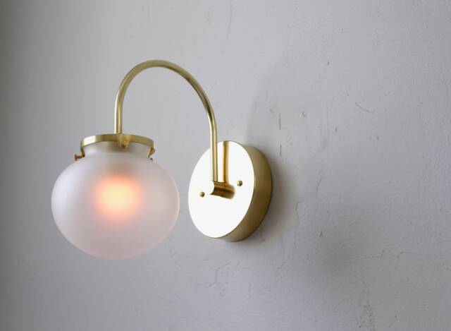 Wall Sconce Lamp, Mid Century Modern Curved Arm Brass Mounted Lighting Fixture, Frosted Clear Glass Bubble Globe, Wire-In Or Plug-In - image 1