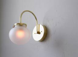 Wall Sconce Lamp, Mid Century Modern Curved Arm Brass Mounted Lighting Fixture, Frosted Clear Glass Bubble Globe, Wire-In Or Plug-In - thumbnail 1