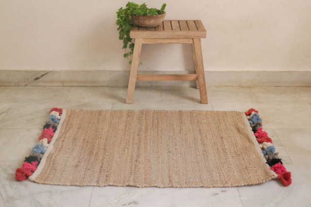 Handwoven Hemp Accent Rug Natural Fiber With Pom Poms - 2 X 3 Ft - image 1
