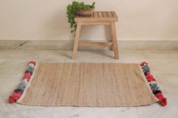 Handwoven Hemp Accent Rug Natural Fiber With Pom Poms - 2 X 3 Ft - thumbnail 1