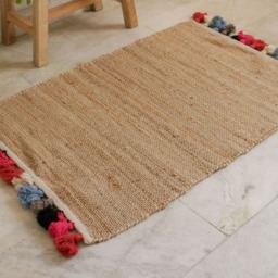 Handwoven Hemp Accent Rug Natural Fiber With Pom Poms - 2 X 3 Ft - thumbnail 3
