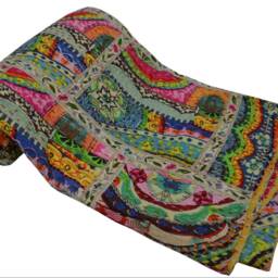 Indian Kantha Quilt Throw Multi Color Patchwork Design Cotton Bedspread Bedcover Gudari - thumbnail 3