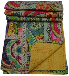 Indian Kantha Quilt Throw Multi Color Patchwork Design Cotton Bedspread Bedcover Gudari - thumbnail 1