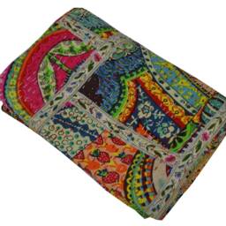 Indian Kantha Quilt Throw Multi Color Patchwork Design Cotton Bedspread Bedcover Gudari - thumbnail 4