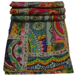Indian Kantha Quilt Throw Multi Color Patchwork Design Cotton Bedspread Bedcover Gudari - thumbnail 2