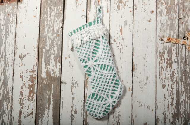 Fluffy Green & White Vintage Chenille Christmas Stocking With Matching Cuff - Wedding Ring, Flower - image 1