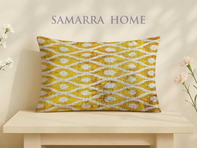 Etosha - Orange Dots Gold Velvet Shine Tribal Accent Ikat Handwoven Texture Statement Lumbar Cushion - image 1