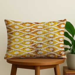 Etosha - Orange Dots Gold Velvet Shine Tribal Accent Ikat Handwoven Texture Statement Lumbar Cushion - thumbnail 2