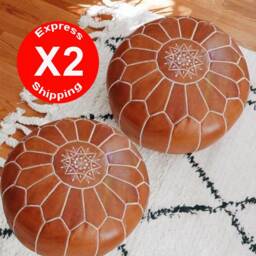 Set Of 2 X Leather Pouf, Ottoman, Pouff, Leather Ottoman Pouf Round, Pouf Leather, Footstool, Unstuffed - thumbnail 2
