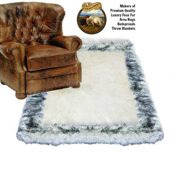 Faux Fur Area Rug - White Shag Sheepskin, Arctic Wolf Border, Usa Made - image 1