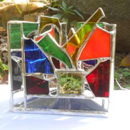 Infinity Reflection Triangle Shaped Rainbow Themed Stained Glass Candle Holder Colorful Tealight Mirrors Abstract Ooak Negative Space Gifts - thumbnail 3