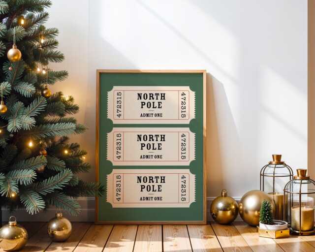 Christmas Print - North Pole Ticket Stub Trendy Wall Art Retro Decor - image 1