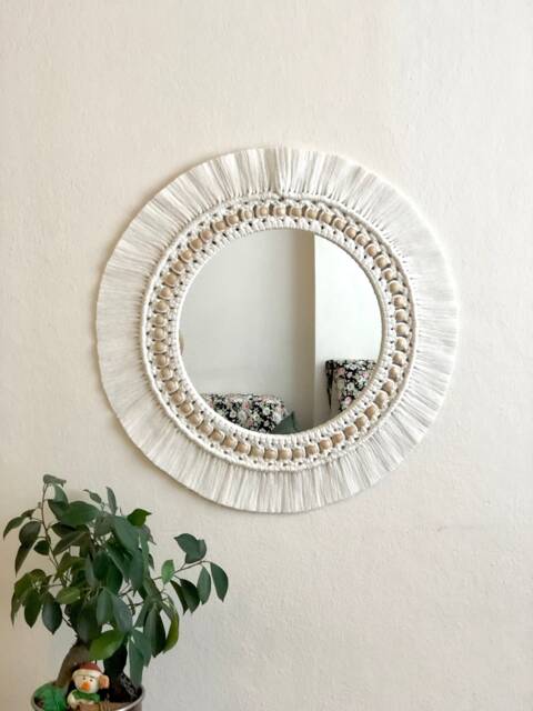White Macrame Mirror With Beads, Boho Wall Decor - image 1