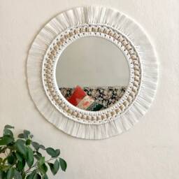 White Macrame Mirror With Beads, Boho Wall Decor - thumbnail 4