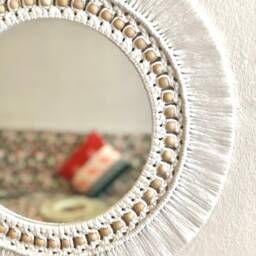 White Macrame Mirror With Beads, Boho Wall Decor - thumbnail 3