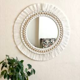 White Macrame Mirror With Beads, Boho Wall Decor - thumbnail 2