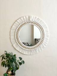White Macrame Mirror With Beads, Boho Wall Decor - thumbnail 1