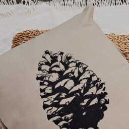 Cotton Pillowcase With Pine Cone Motif, Hand-Printed, Screen-Printed, Unique Piece, Square Pillow Cover Nature Motif - thumbnail 2