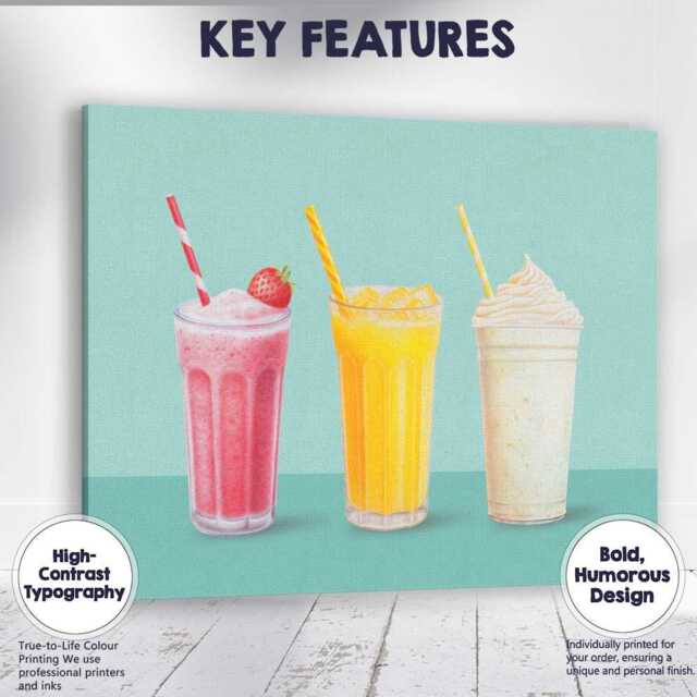 strawberry Orange Vanilla Milkshake Trio Kitchen Canvas Wall Art Print Decor Picture Ready To Hang - image 1