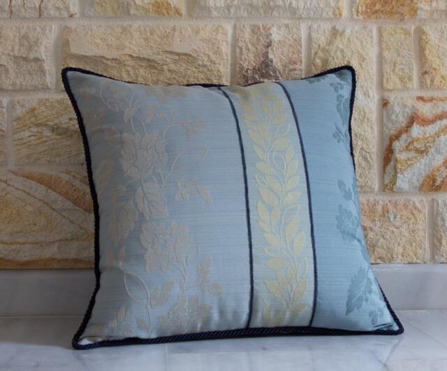 Blue Pillow Cover , Floral Anaglyph, Cream Gold , Beige, Flowers, Leaves, Navy Cord Trim, Stripped Backside, 18x18 - image 1