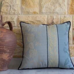 Blue Pillow Cover , Floral Anaglyph, Cream Gold , Beige, Flowers, Leaves, Navy Cord Trim, Stripped Backside, 18x18 - thumbnail 2