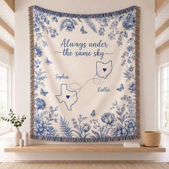 Always Under The Same Sky Woven Blanket, Blue Floral Map Throw, Long Distance State Connection Tapestry, Personalized Bestie Blanket - image 1