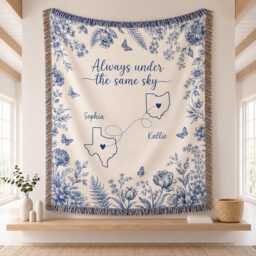Always Under The Same Sky Woven Blanket, Blue Floral Map Throw, Long Distance State Connection Tapestry, Personalized Bestie Blanket - thumbnail 1