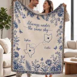 Always Under The Same Sky Woven Blanket, Blue Floral Map Throw, Long Distance State Connection Tapestry, Personalized Bestie Blanket - thumbnail 3