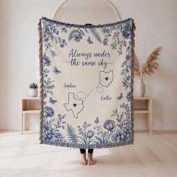 Always Under The Same Sky Woven Blanket, Blue Floral Map Throw, Long Distance State Connection Tapestry, Personalized Bestie Blanket - thumbnail 2