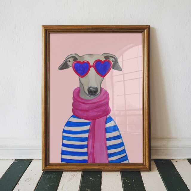 Chic Whippet Wall Art Print - Dog With Heart Sunglasses & Stripe Sweater, Cute Greyhound Artwork in 4 Background Colours, Lover Gift - image 1