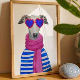 Chic Whippet Wall Art Print - Dog With Heart Sunglasses & Stripe Sweater, Cute Greyhound Artwork in 4 Background Colours, Lover Gift - thumbnail 3