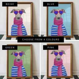 Chic Whippet Wall Art Print - Dog With Heart Sunglasses & Stripe Sweater, Cute Greyhound Artwork in 4 Background Colours, Lover Gift - thumbnail 2