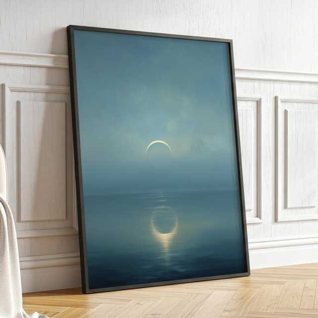 Misty Crescent Moon Wall Art Minimalist Night Sky Painting Tranquil Ocean Large Room Decor Framed Vintage Celestial Poster Print