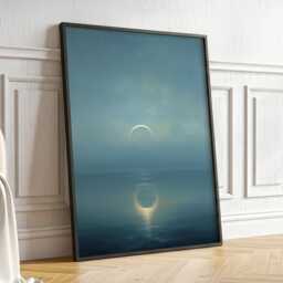 Misty Crescent Moon Wall Art Minimalist Night Sky Painting Tranquil Ocean Large Room Decor Framed Vintage Celestial Poster Print - thumbnail 1