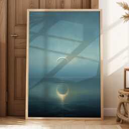 Misty Crescent Moon Wall Art Minimalist Night Sky Painting Tranquil Ocean Large Room Decor Framed Vintage Celestial Poster Print - thumbnail 2