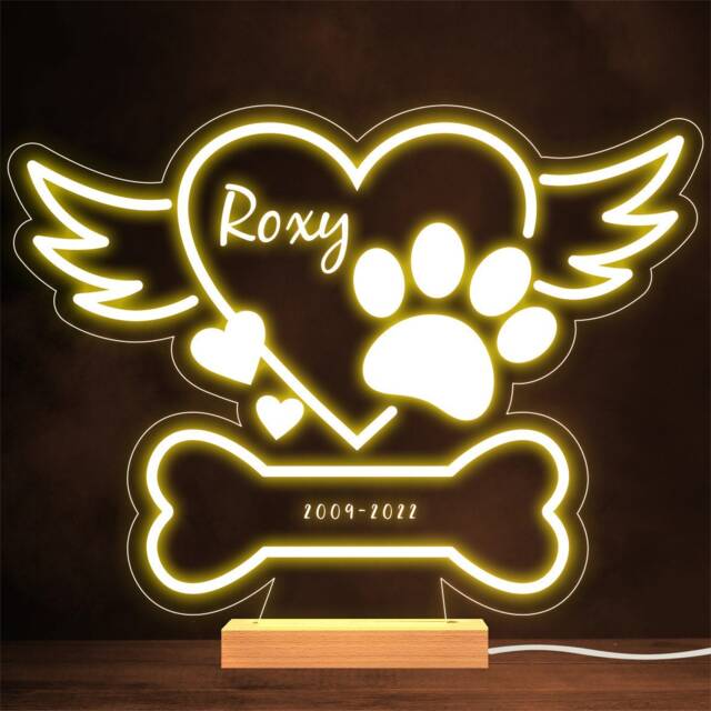 Pet Paw Angel Wings Bone Cat Dog Loss Memorial Personalised Gift Night Light - image 1