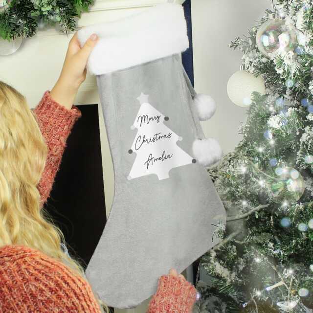 Personalised Christmas Tree Luxury Silver Grey Stocking - Stocking Reindeer Snowman Santa - image 1
