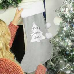 Personalised Christmas Tree Luxury Silver Grey Stocking - Stocking Reindeer Snowman Santa - thumbnail 1