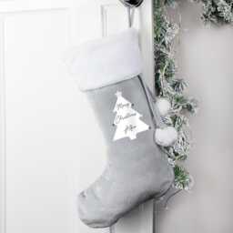 Personalised Christmas Tree Luxury Silver Grey Stocking - Stocking Reindeer Snowman Santa - thumbnail 2